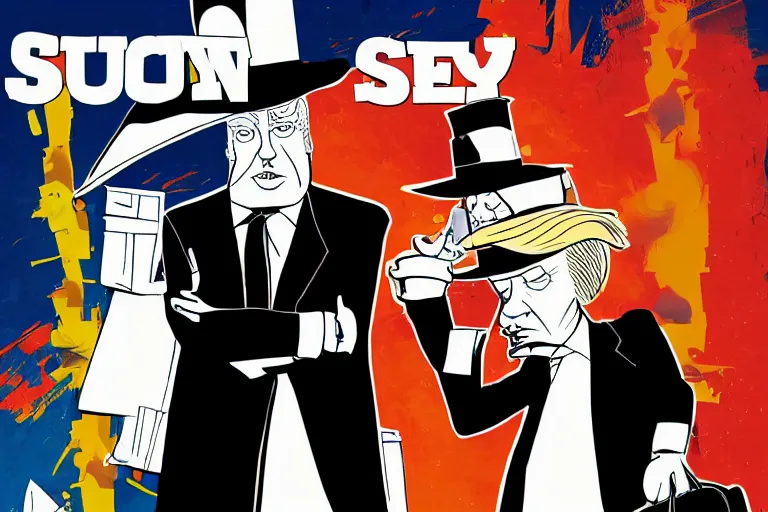 Prompt: 2 d poster illlustration donald trump and donald trump wearing trenchcoats and black floppy spy hats, stacks of boxes everywhere and a safe broken open for the movie spy vs spy