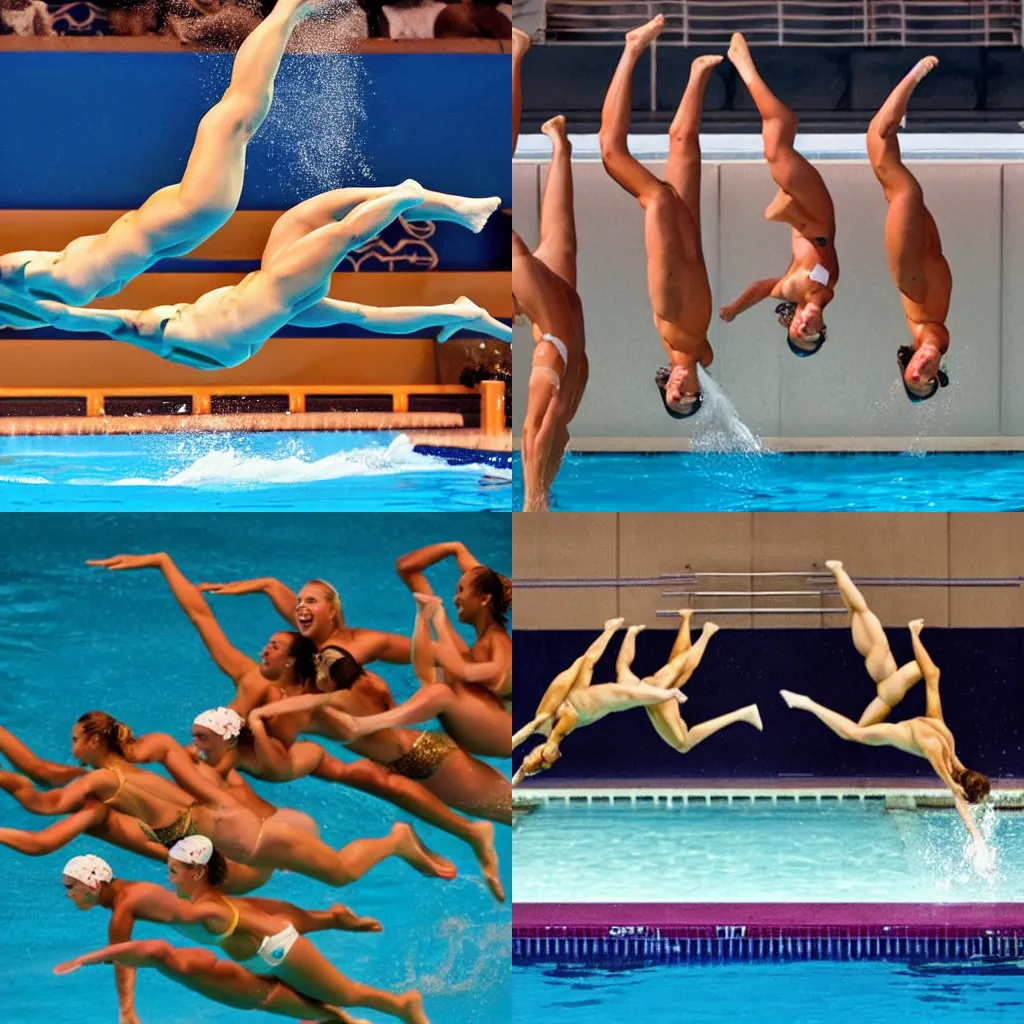 Prompt: Olympia synchronized diving into a pool full of spaghetti
