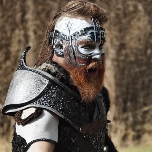Prompt: viking in black body armour with white and black face painting, extremely detailed image from a film