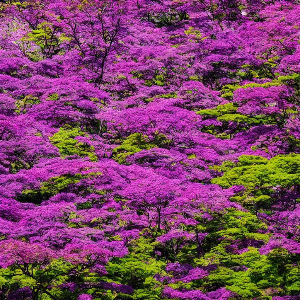 Prompt: the purple flowers of takinoue park in japan, hd, vibrant and bright lighting, realistic, extra photorealisitc detail, high quality, photography