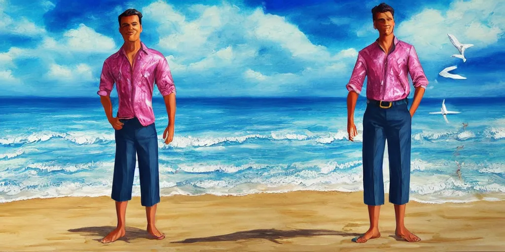 Image similar to a handsome guy is standing tall, in a beautiful shirt, with the beach, sea, sun, rays in the background? super detail, one character