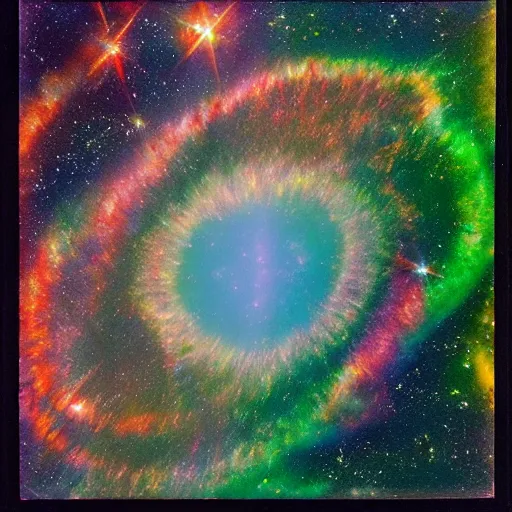Prompt: exciting colored pencil art by dan flavin, by albert goodwin. sculpture. ngc 7 2 9 3 helix nebula in intrared by vista telescope, chile.