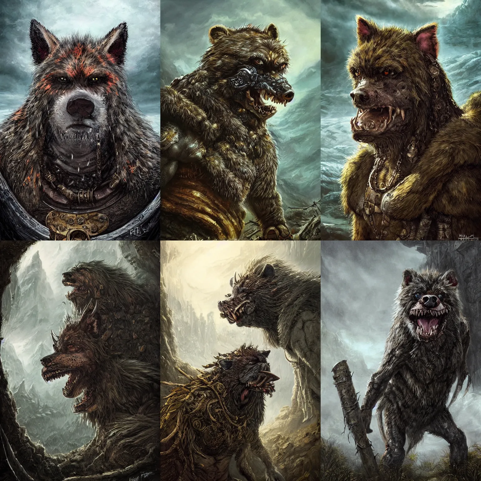 Prompt: highly detailed elden ring portrait photo of a gnoll in a scenic dystopian environment, hyperrealistic illustration by william didier - pouget