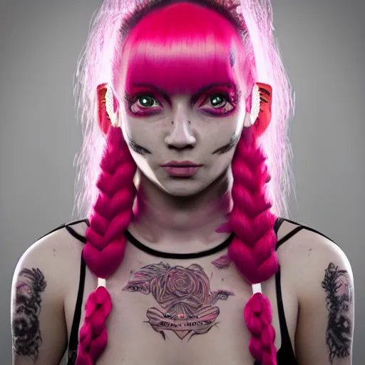 Image similar to An octane 3d render of a girl with pink pigtails, and face tattoos, 8d, HD, hyper detailed, intricate details, photorealistic, dynamic lighting, stunning visuals, creative, trending on art station,