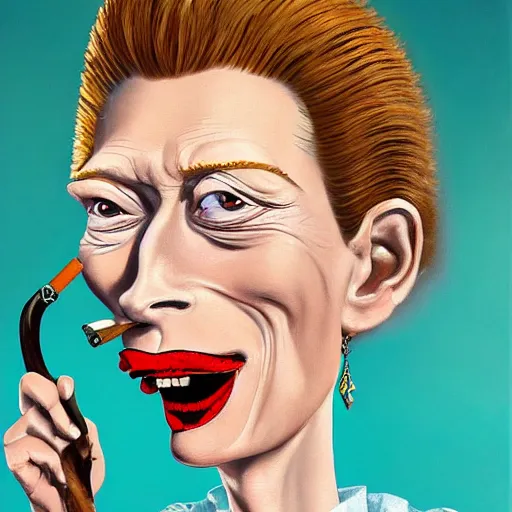 Image similar to an oil painted caricature of tilda swinton with a cuban cigar in her hand, blowing out smoke, by salvador dalí, trending on art station, 4K, studio ghibli color scheme