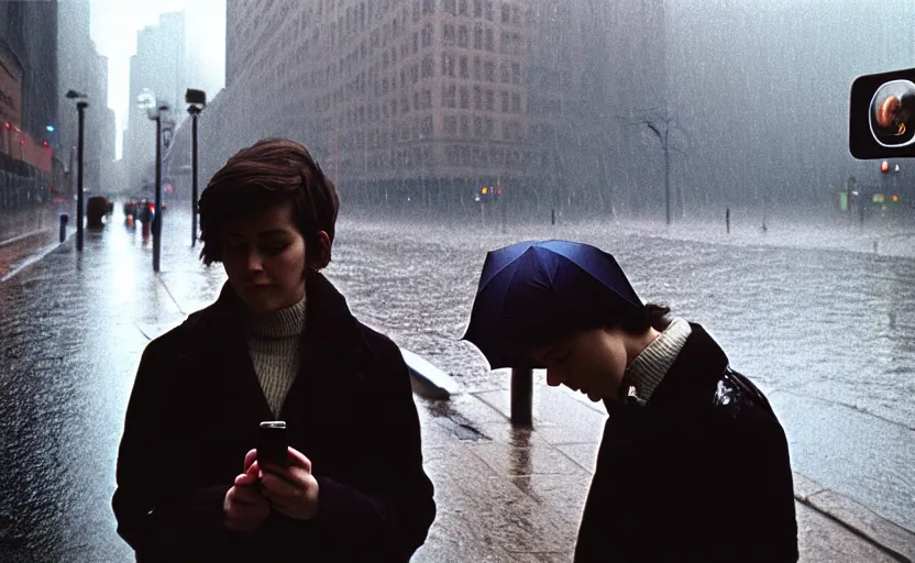 Image similar to cinestill selfie with iphone by vivian maier,, pouring rain menacing lights shadows, 8 k, hd, high resolution, 3 5 mm, f / 3 2, ultra realistic faces, ex machina