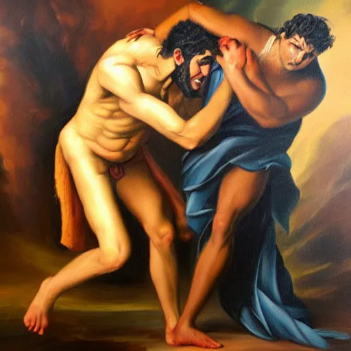 Prompt: oil painting of 20 year old Mediterranean man beating up an 18 year old Mediterranean man, dressed in biblical clothing, dark colors, dramatic abstract oil painting