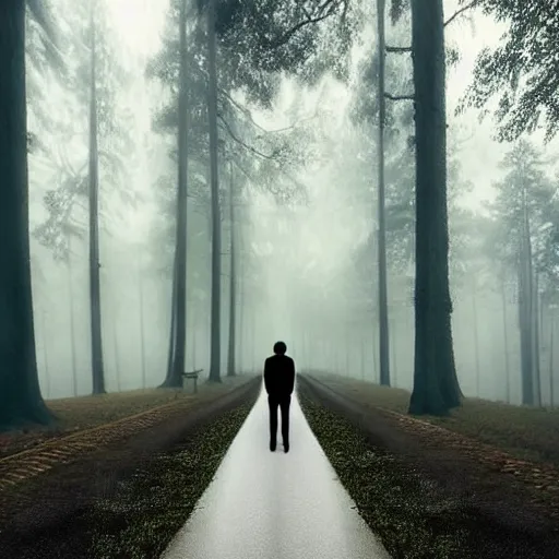 Prompt: super ultra realistic image man standing on an nostalgic street the background is a huge forest the road is between a forest it is raining and also fog