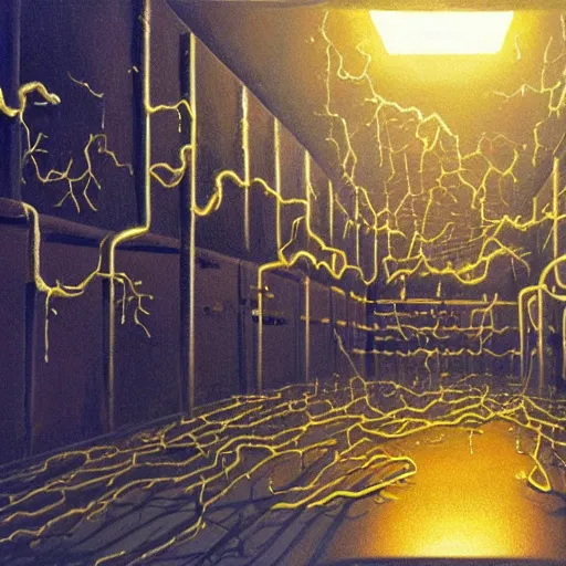 Prompt: realistic painting of a dark foggy sci-fi laboratory at night, with a zombie made of guts and veins, dripping golden shiny metalic fluid from ribcage to the floor. liquid shiny pool of gold on the floor.