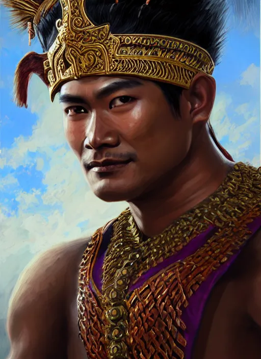 Image similar to smart ramkhamheang, closeup portrait, without beard and mustache, historical hero, ethnic group, tai costume, thai transitional bronze headdress, intricate, with leather armor cross on bare chest, elegant, loin cloth, highly detailed, oil painting, artstation, concept art, matte, sharp focus, illustration, hearthstone, art by earl norem