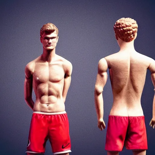 Image similar to a realistic detailed photo of a guy who is an attractive humanoid who is half robot and half humanoid, who is a male android, soccer players martin ødegaard & timo werner, shiny skin, posing like a statue, blank stare, in a lab, on display, showing off his muscles, gold soccer shorts, side view, repairing the other one