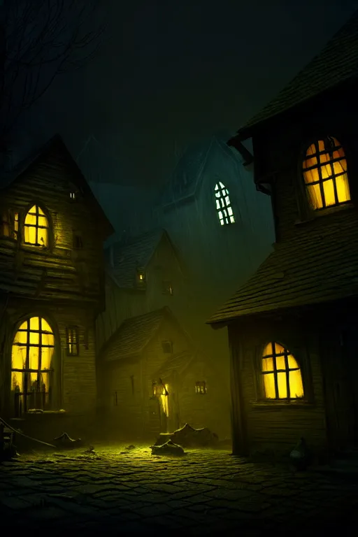 Image similar to a dark haunted village at night with glowing windows, shadows being casted, and silhouettes in the door way, hyper realistic, ambient lighting, concept art, intricate, hyper detailed, smooth, dynamic volumetric lighting, octane, raytrace, cinematic, high quality, high resolution, 4 k, artstation