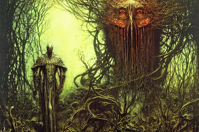 Image similar to knight in enchanted lovecraftian garden by jean delville, luis royo, beksinski, grimshaw