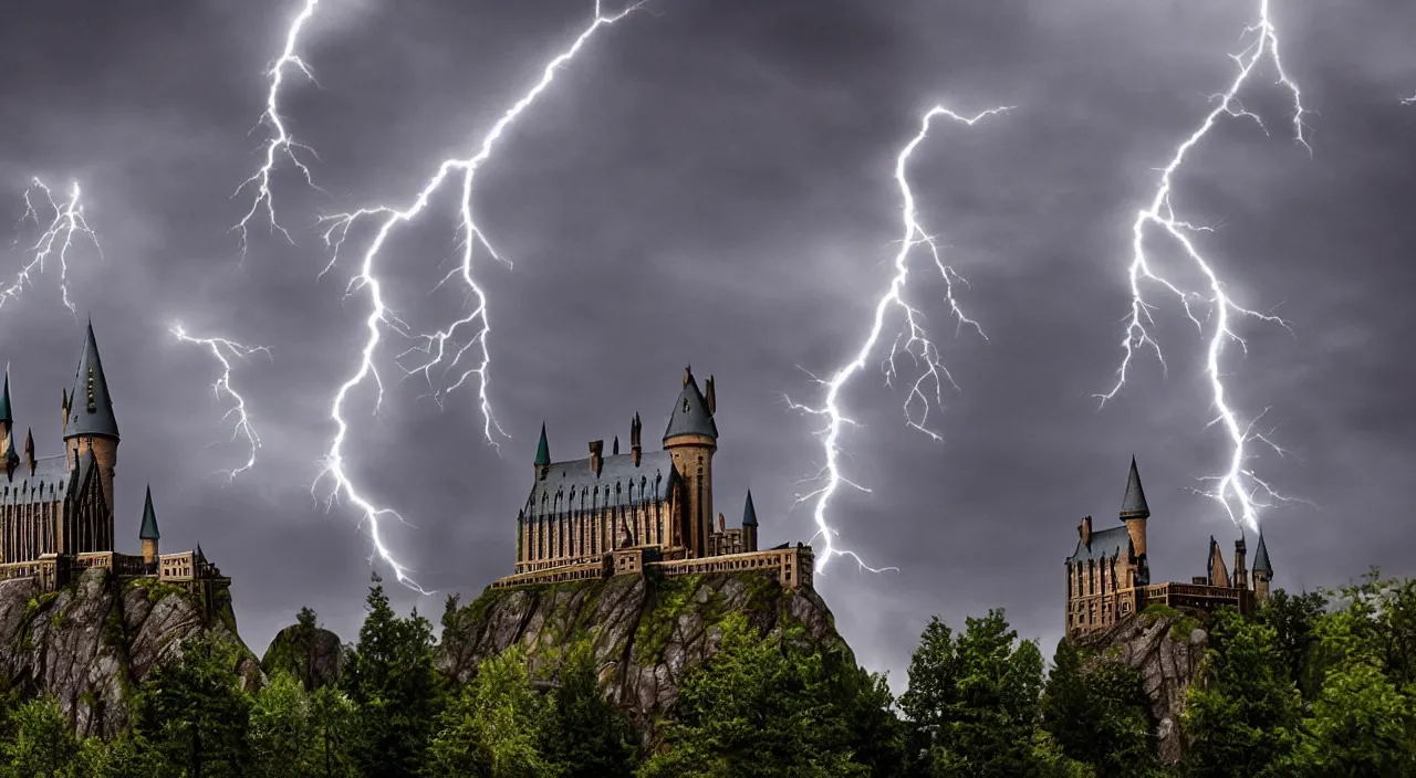 Image similar to slytherin harry potter flying with his wand forward. hogwarts castle and lightning strikes in the background. bad weather