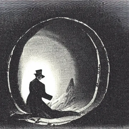 Prompt: 1 8 2 0's photo from distance of a man opening a portal to another dimension at night, moody, dark, damage