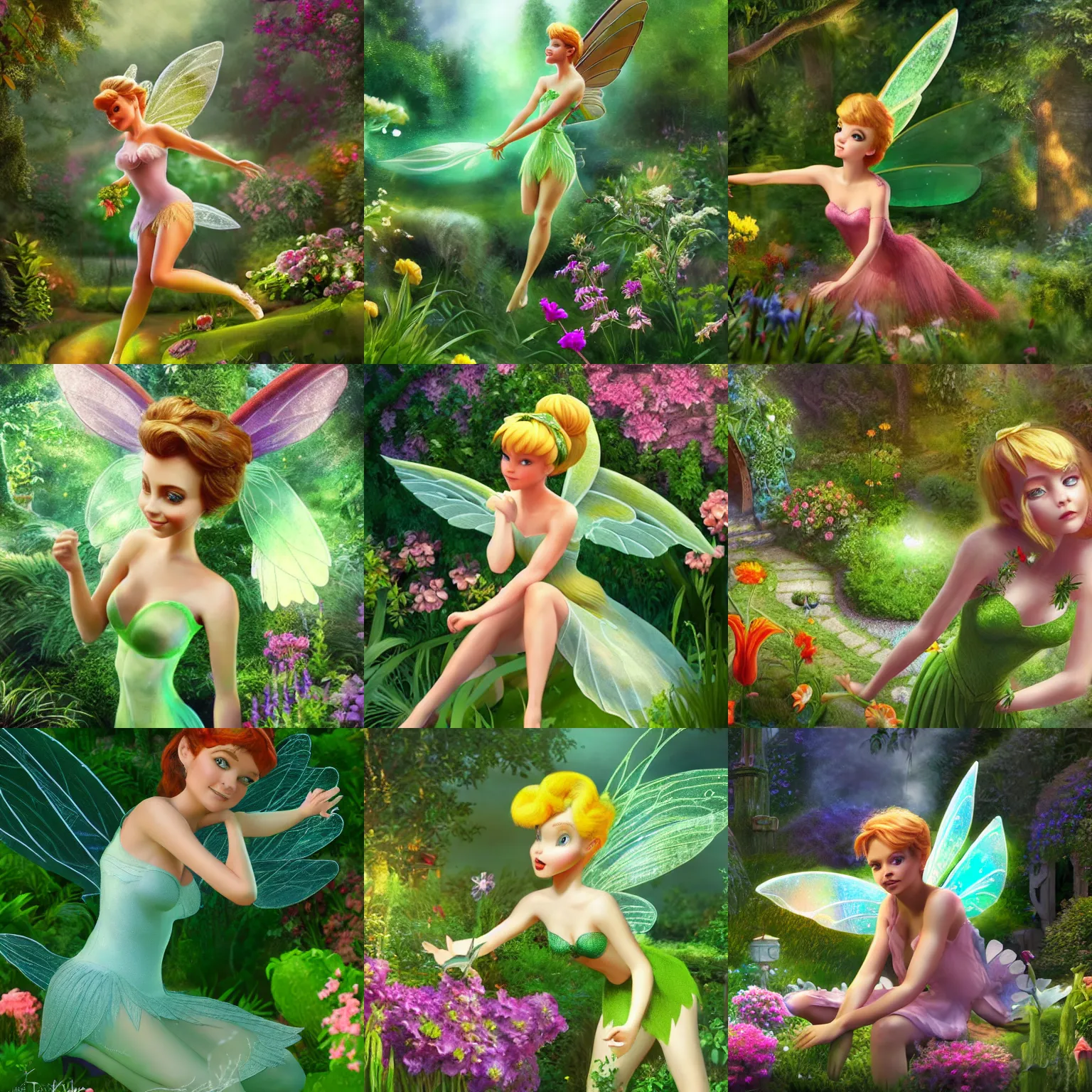 Prompt: a highly detailed and realistic illustration of the tinker bell fairy on a garden, artstation, 4 k, correctly anatomy, good light