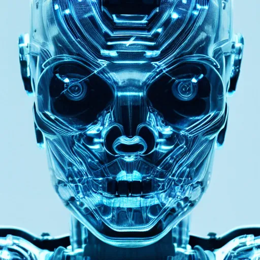 Prompt: humanoid robot from ex machina, glass skull, gears and lights in the head, cinematography by stanley kubrick, intricate, elegant, symmetry, blue glow