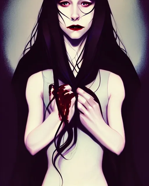 Image similar to in the style of Joshua Middleton and artgerm, beautiful evil vampire Taissa Farmiga sharp bloody vampire fangs open mouth, long black hair, full body, moody lighting