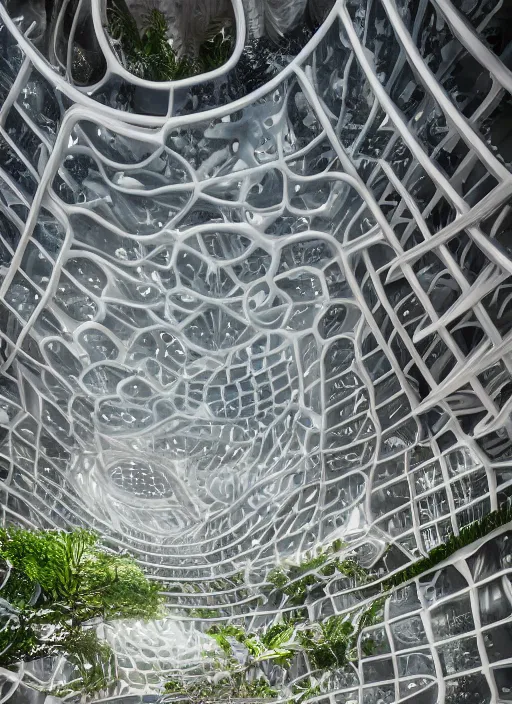 Image similar to a photo of a futuristic biomimicry oasis interior + the interior is elegant and made of a biomimicry nature with ornate patterns + photo taken on a misty morning + architectural photography, 8K, photorealistic