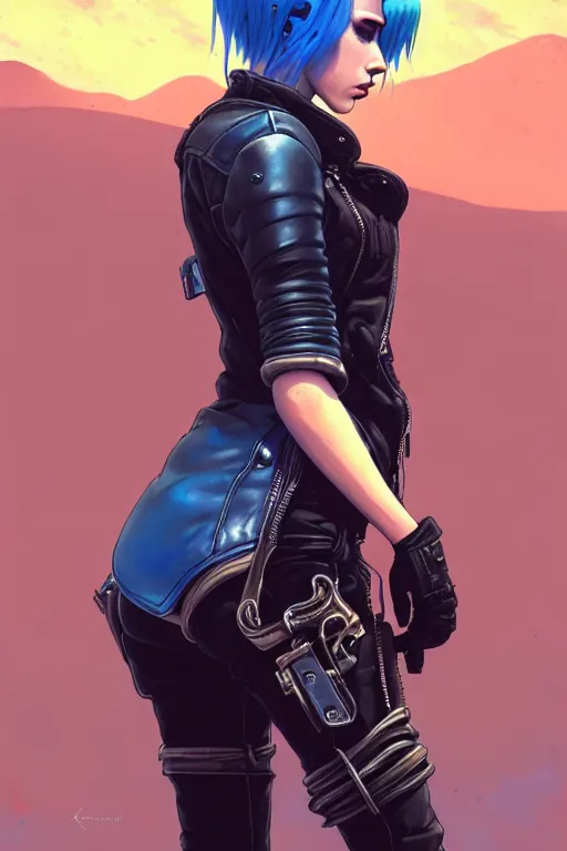 Prompt: a ultradetailed beautiful panting of post apocalyptic woman biker with helmet. blue hair. opened leather jacket, pretty face, high detailed face, in front of burning desert, anatomically correct, by ilya kuvshinov, greg rutkowski and makoto shinkai, trending on artstation