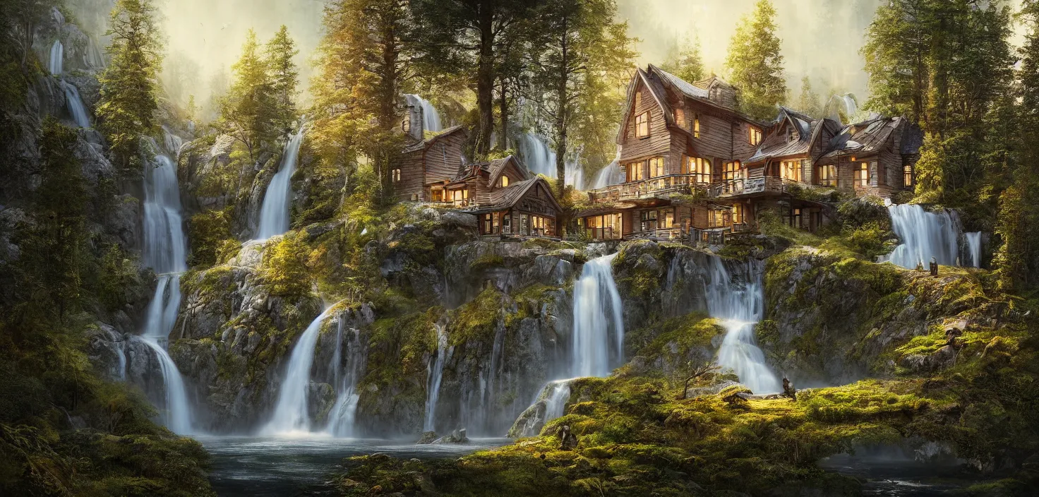 Image similar to beautiful large scandinavian house in the forest on a hill, a large waterfall flows down from the mountain in the background, vwctor art, fabulous, hyper detailed, random cinematic view, no noise, global illumination, warm lighting, volumetric, godrays, vivid, by jordan grimmer