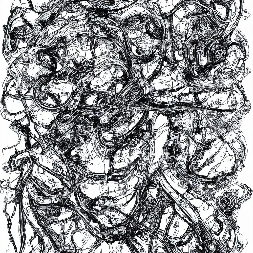 Image similar to ultra precise fineliner drawing of a machine which embeds a man inside a squid, minimal injury, maximal squidification. black marker pen on white gloss paper. gallery quality, winner of nobel prize for insanity