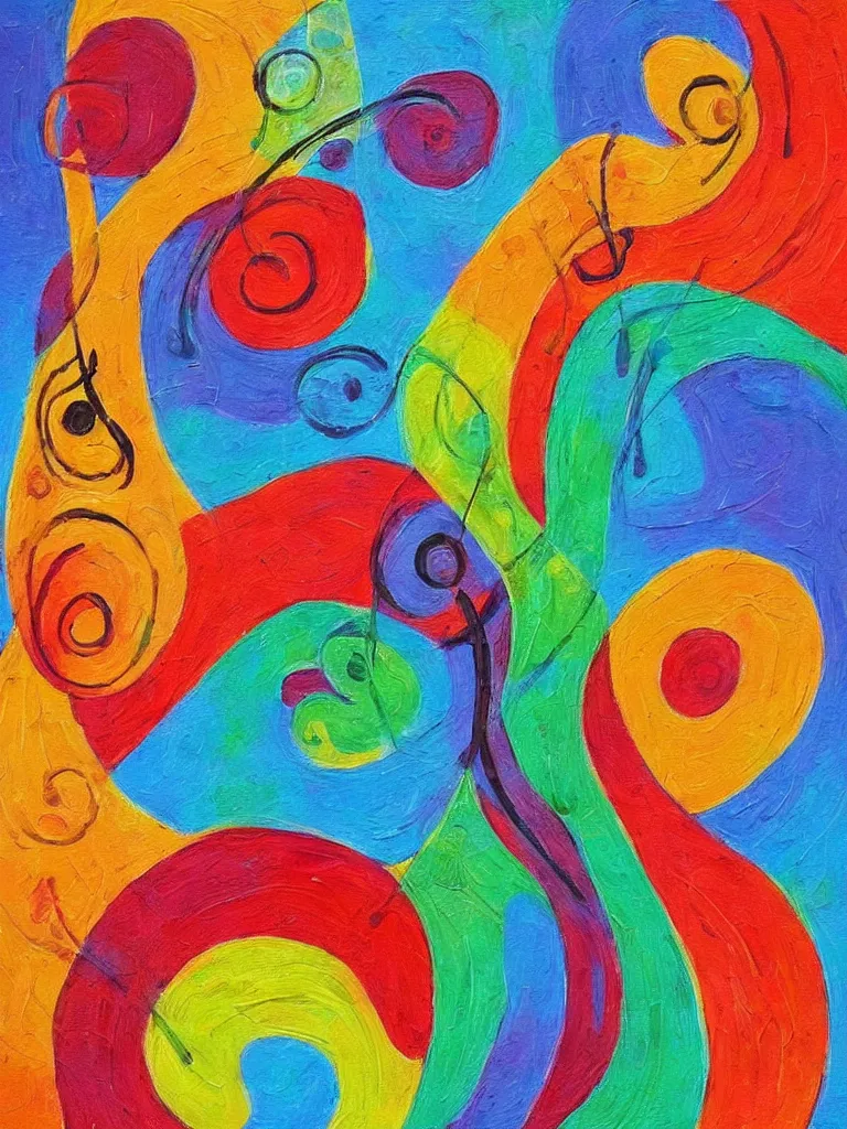 Prompt: an abstract painting of an acorn that turns into a tree in the shape of a treble clef, colorful and expressive