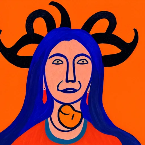 Image similar to illustrated portrait of ugly ram-horned woman with orange skin and blue hair