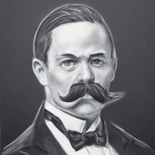 Image similar to charcoal portrait of an early 20th century occult detective mustache, bow tie