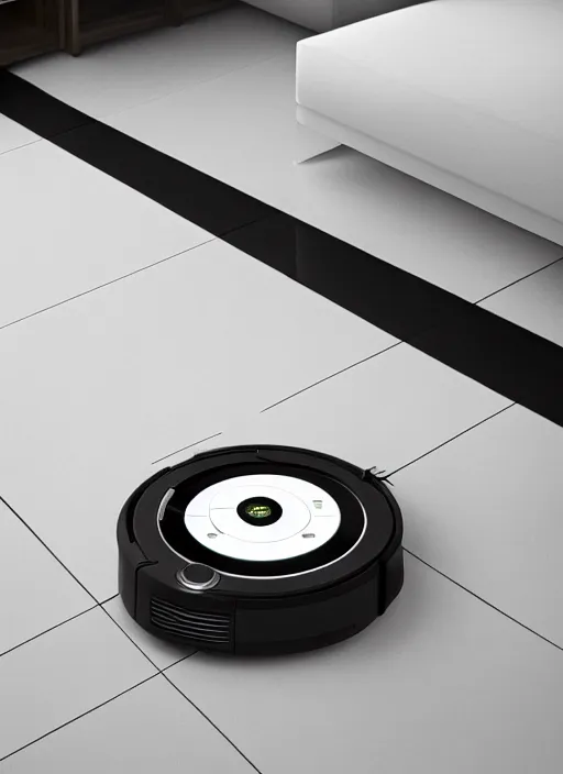 Image similar to A robot roomba standing on its own mechanical limbs, professional 3D render, studio quality, octane render