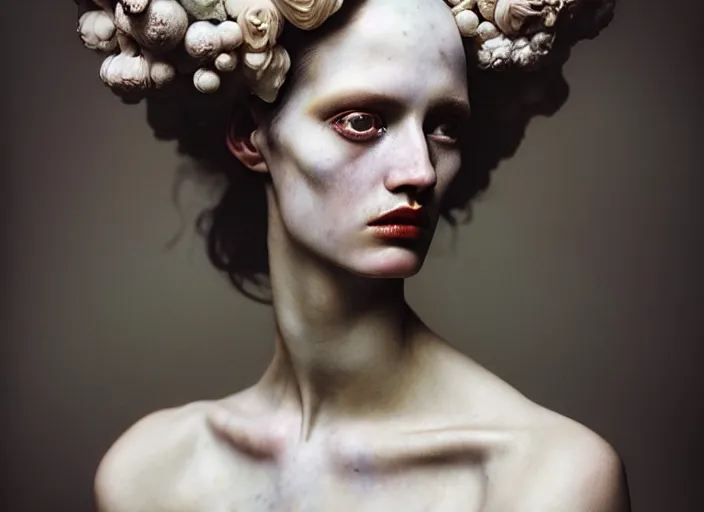 Image similar to cinestill 5 0 d photo portrait of a beautiful hybrid woman in style of tim walker by roberto ferri, body weird marble intricate detailed, hair is intricate gnarled style, 5 0 mm lens, f 1. 4, sharp focus, ethereal, emotionally evoking, head in focus, bokeh volumetric lighting, tonal colors outdoor