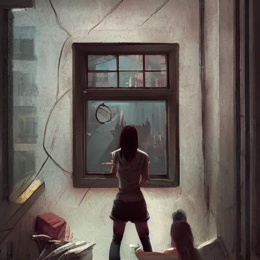 Image similar to window, eye, women, buildings, surprise, scared, couch by wlop, artgerm, greg rutkowski