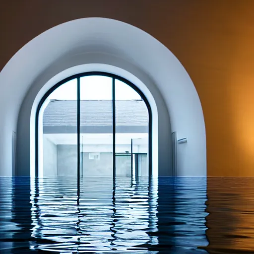 Prompt: interior of a flooded building, all white, minimalistic architecture, rounded ceiling, arched doorway, dim lights, liminal space, blue water, minimalistic,