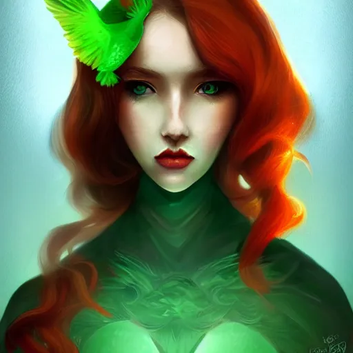 Image similar to a beautiful stunning fantasy whimsical matte digital portrait illustration of a pretty womam with bright green eyes and fiery red hair with a green bird on her shoulder, in the style of Ross Tran, trending on artstation, contest winner