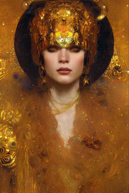 Image similar to an intricate artistic klimt golden motives and textures, hyper detailed, ornamental gold headpiece, octane render, vivid colors, artstation, by jeremy mann, by alphonse mucha, by boris vallejo
