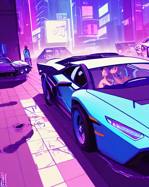 Image similar to digital illustration of cyberpunk pretty girl with blue hair, looking at a purple lamborghini, in junkyard at night, by makoto shinkai, ilya kuvshinov, lois van baarle, rossdraws, basquiat