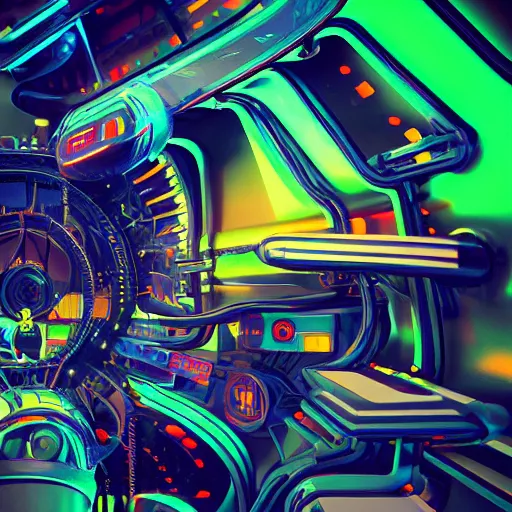 Prompt: album art, tripmachine, album is called tripmachine, photo of a huge futuristic dieselpunk machinery inside a computer, 8 k, fluorescent colors, halluzinogenic, multicolored, exaggerated detailed, front shot, 3 d render, octane