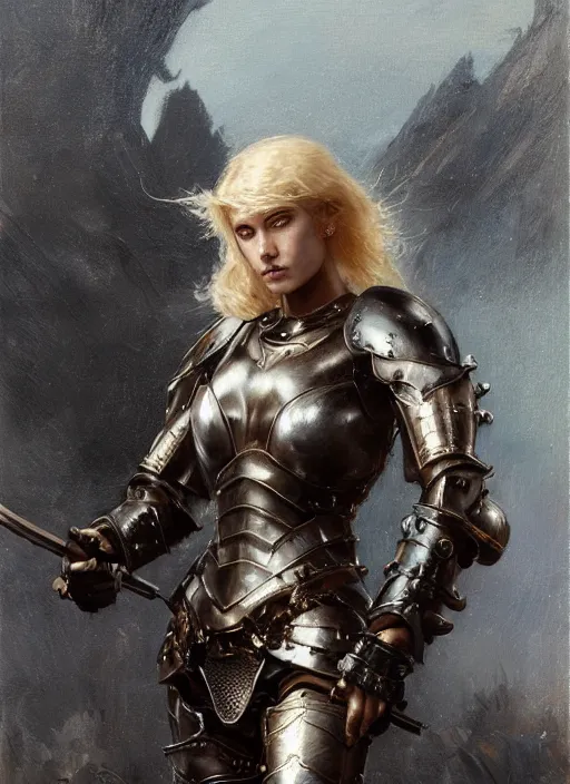 Prompt: blonde short haired muscular woman wearing medieval black armour, detailed by gaston bussiere, bayard wu, greg rutkowski, giger, maxim verehin, greg rutkowski, masterpiece, sharp focus, cinematic lightning