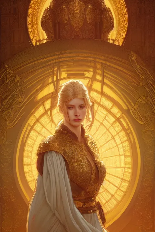 Prompt: painting of a shy shieldmaiden in front of a golden palace, decorated, intricate, elegant, highly detailed, digital painting, artstation, concept art, smooth, sharp focus, illustration, art by artgerm and greg rutkowski and alphonse mucha, 8 k