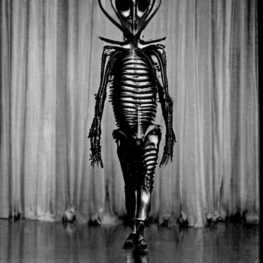 Image similar to H R Giger’s Alien, dressed in avant-garde outfit, posing on a runway