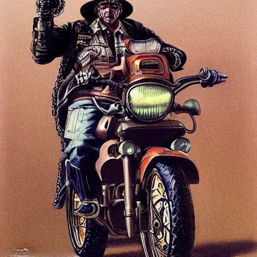 Prompt: a cyberpunk cowboy fully decked out in his cowboy hat, holsters, boots and spurs, sitting on a high tech motorbike, artwork by wayne barlowe