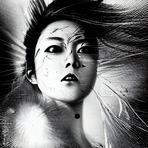 Prompt: yoshitaka amano realistic photo of an anime girl with black eyes, wavy white hair and cracks on her face wearing dress suit with tie fluttering in the wind, abstract black and white patterns on the background, cross earring, noisy film grain effect, highly detailed, closeup portrait shot, weird portrait angle