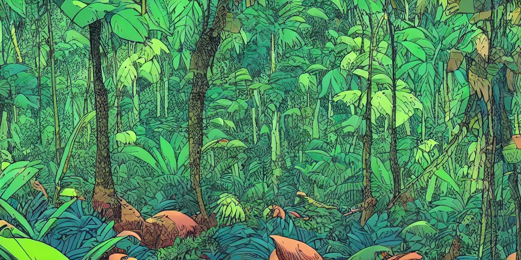 Prompt: wide view on jungle forest with large trees by moebius, clean line, colorful comics style, artstation