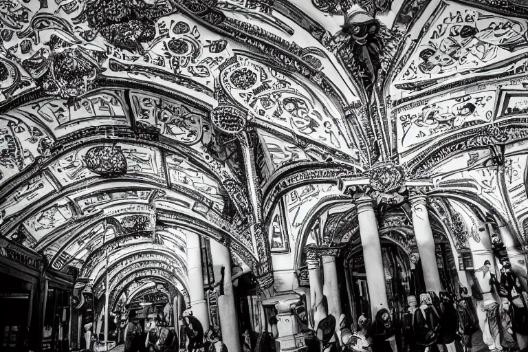 Image similar to ferriss hugh, bucharest, streets, people black and white, intricate lines, intricate details, rule of thirds,