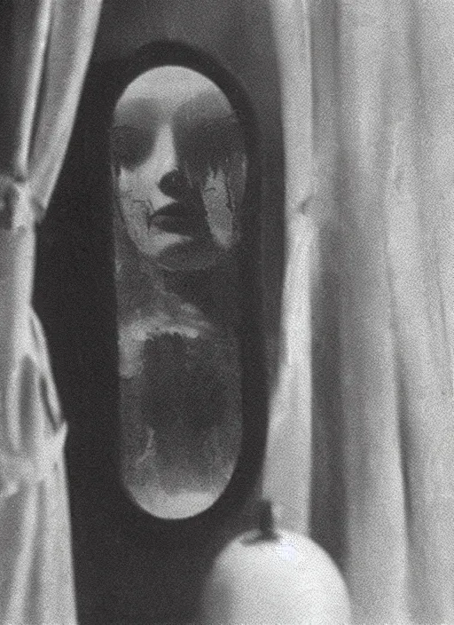 Image similar to film still of the ghost bloody mary in a mirror