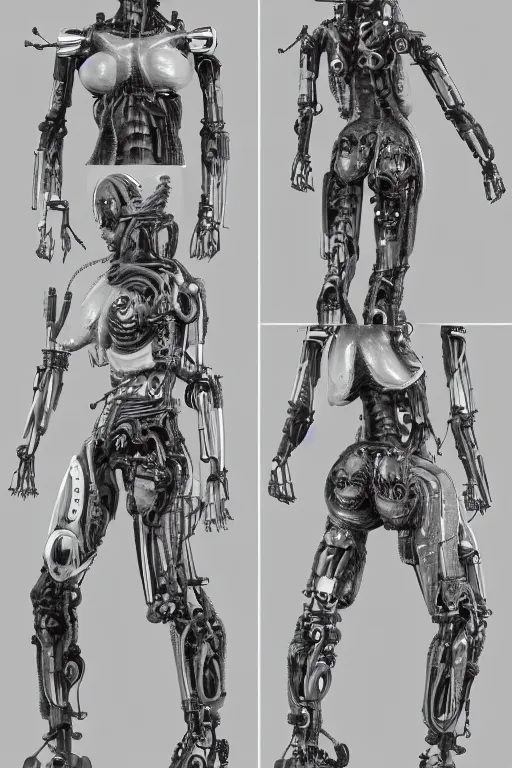 Image similar to cyborg cyclopes with gunmetal grey skin, medical anatomy, cyberpunk face, highly detailed, japanese, mecha asthetic, mechanical implants, three - view reference sheet ( front / back / side ), in the style of dan ouellette, dren from splice, hr giger, sil from species, artstation, unreal engine