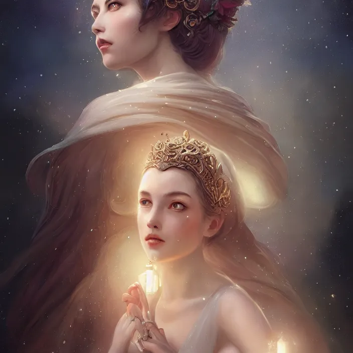 Image similar to a beautiful digital painting of a princess, princess, the moon behind her, intricate, cinematic lighting, highly detailed, digital painting, concept art, smooth, sharp focus, illustration, art by tom bagshaw, artgerm and greg rutkowski