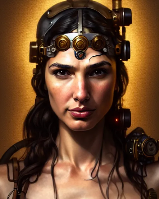 Image similar to steampunk portrait of gal gadot, au naturel, hyper detailed, digital art, trending in artstation, cinematic lighting, studio quality, smooth render, unreal engine 5 rendered, octane rendered, art style by klimt and nixeu and ian sprigger and wlop and krenz cushart.