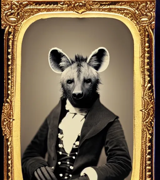 Image similar to professional studio photo portrait of anthro anthropomorphic spotted hyena head animal person fursona smug smiling wearing elaborate pompous royal king robes clothes gold frame by Louis Daguerre daguerreotype tintype