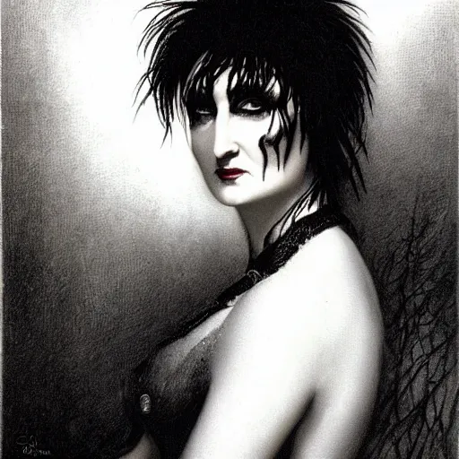 Image similar to siouxsie sioux, creepy atmosphere, dark, portrait, realistic, very realistic, illustration by gustave dore